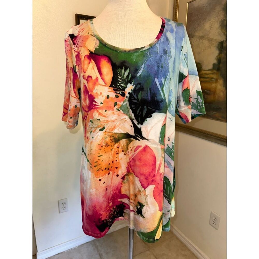 Chico’s Floral Watercolor Scoop Neck Top - Multicolor Size 1 = Medium